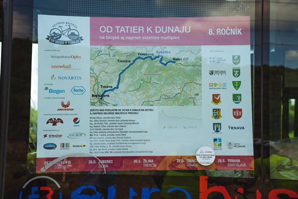 Mapa trasy „Od Tatier k Dunaju na bicykli aj napriek skleróze multiplex“